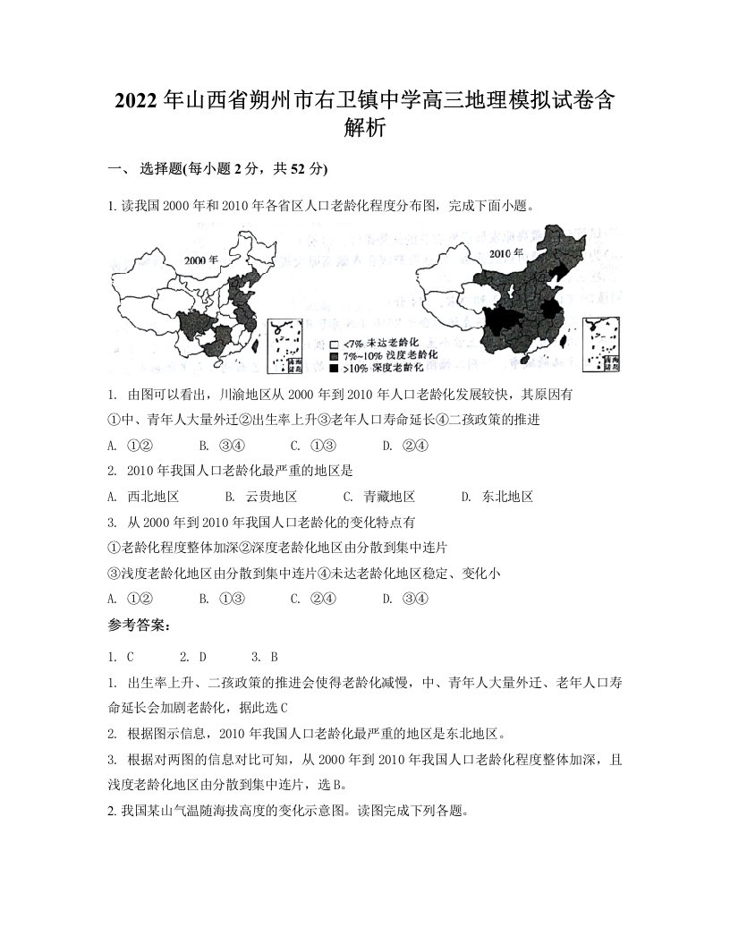 2022年山西省朔州市右卫镇中学高三地理模拟试卷含解析