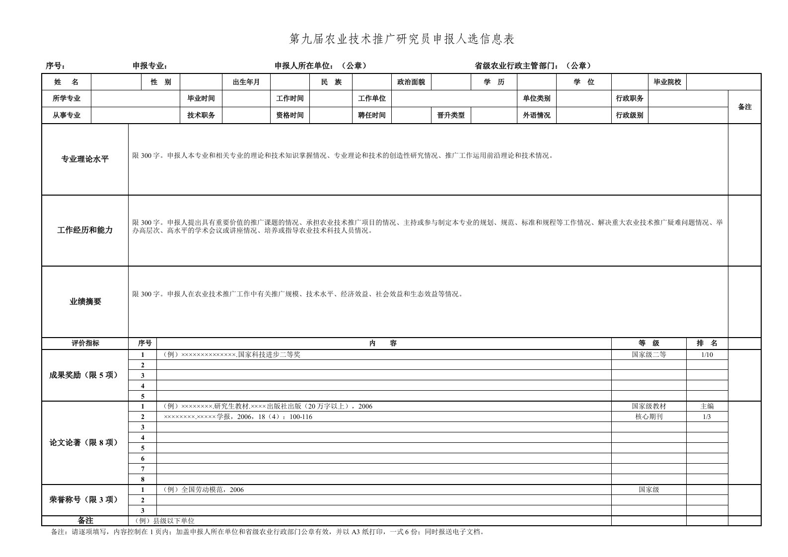 第九届农业技术推广研究员申报人选信息表