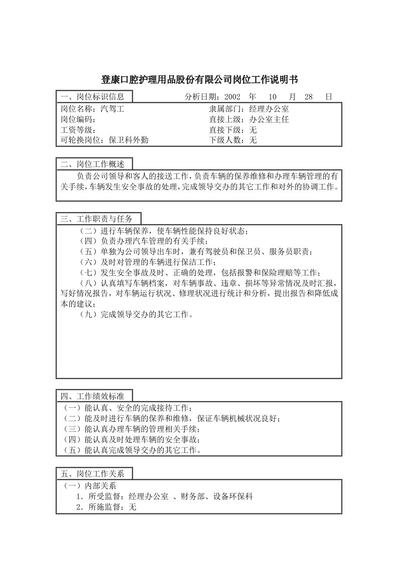 登康口腔护理用品股份有限公司汽驾工岗位说明书