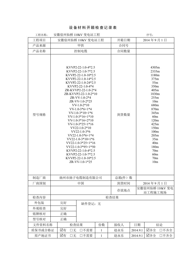 设备材料开箱检查记录表