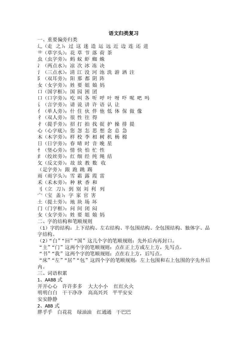 (完整word)部编版一年级下册语文字词句归类复习