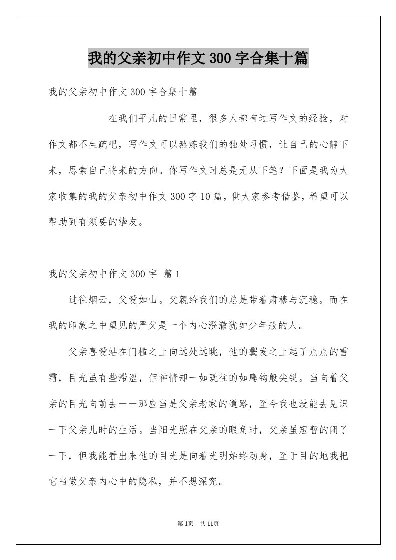 我的父亲初中作文300字合集十篇