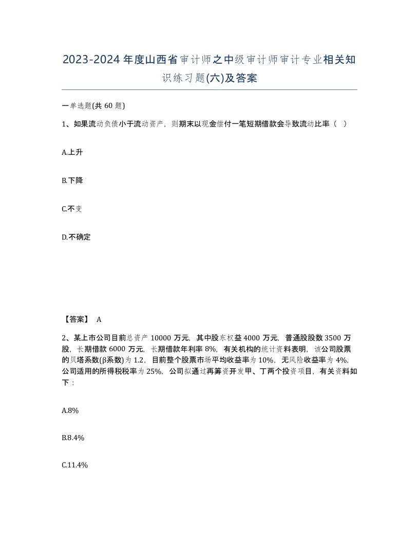 2023-2024年度山西省审计师之中级审计师审计专业相关知识练习题六及答案