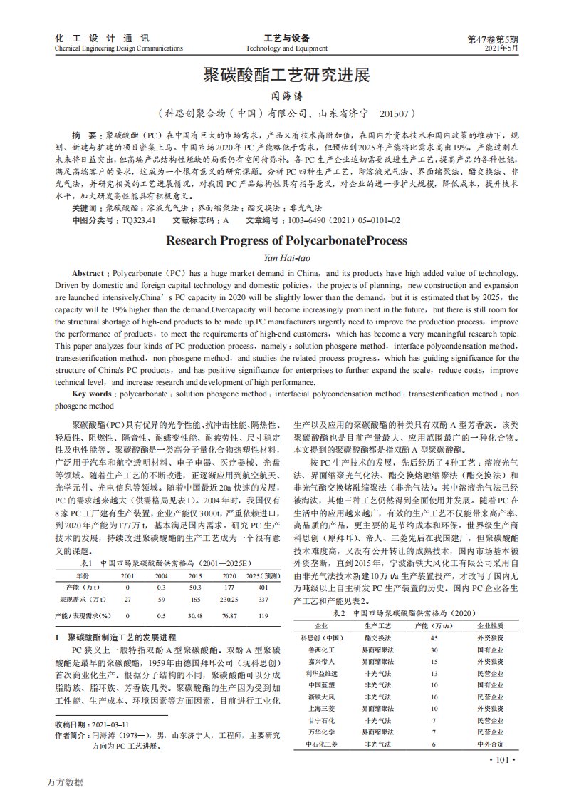 聚碳酸酯工艺研究进展