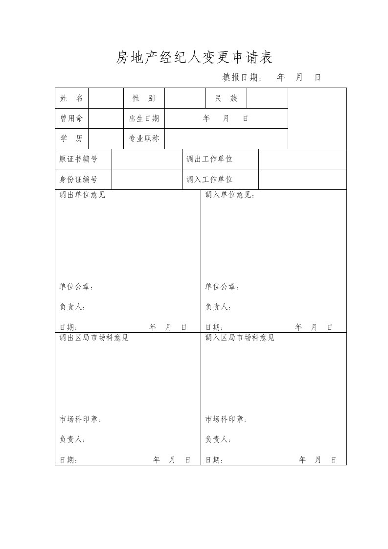 房地产经纪人变更申请表