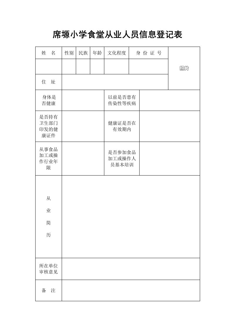 食堂从业人员信息登记表