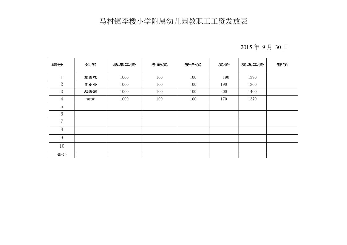 员工工资发放表