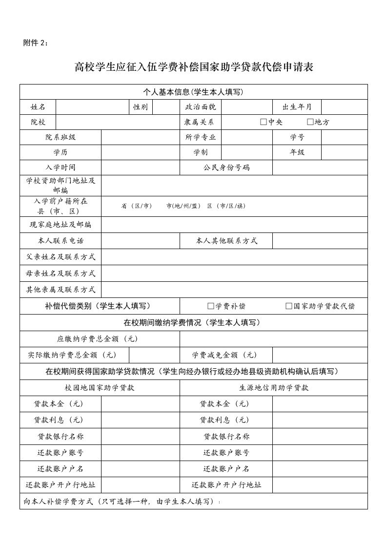 高校学生应征入伍学费补偿国家助学贷款代偿申请表