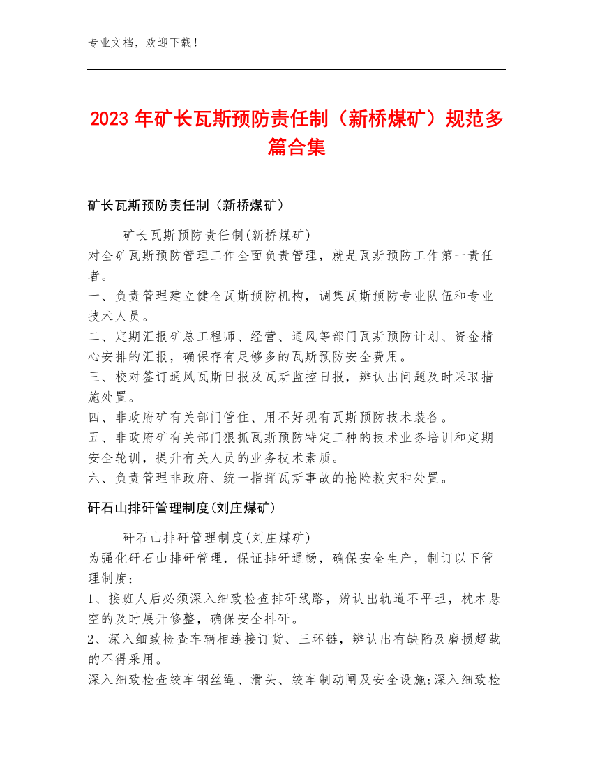 2023年矿长瓦斯预防责任制（新桥煤矿）规范多篇合集