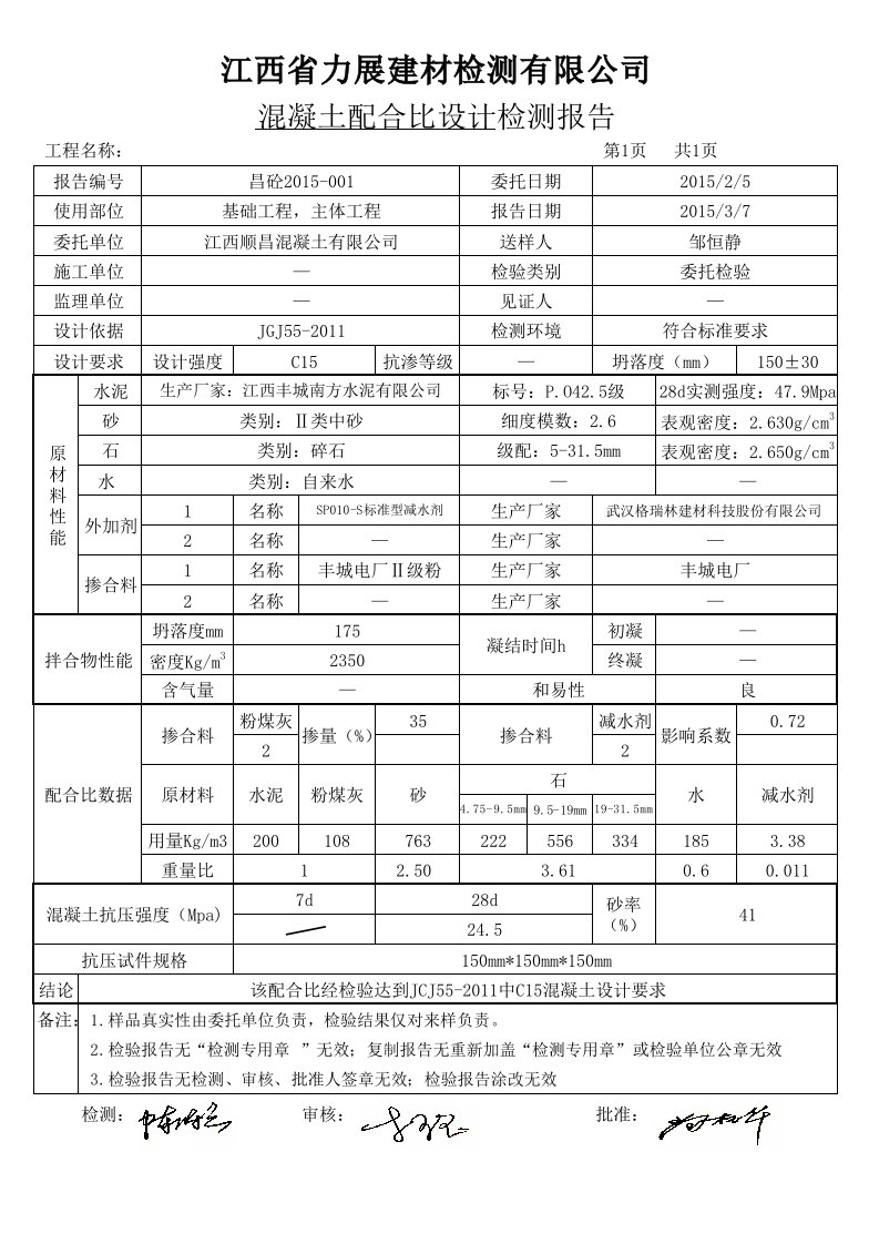 C25混凝土配合比设计检测报告