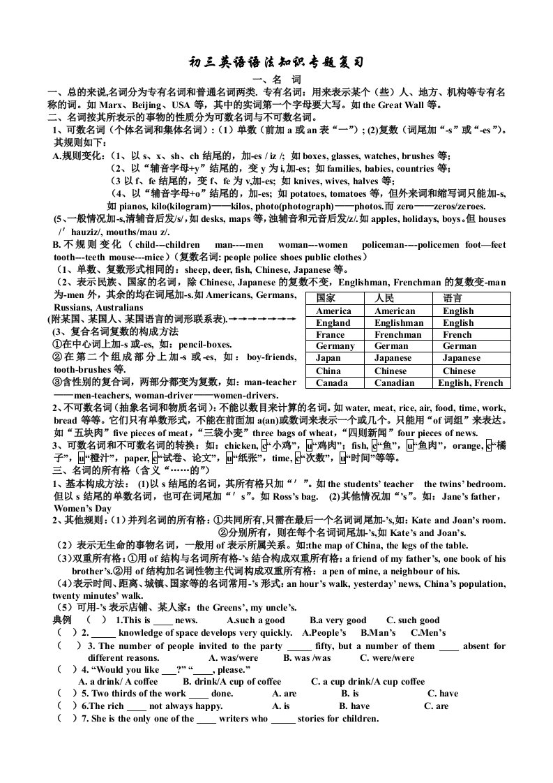 初三英语语法知识复习