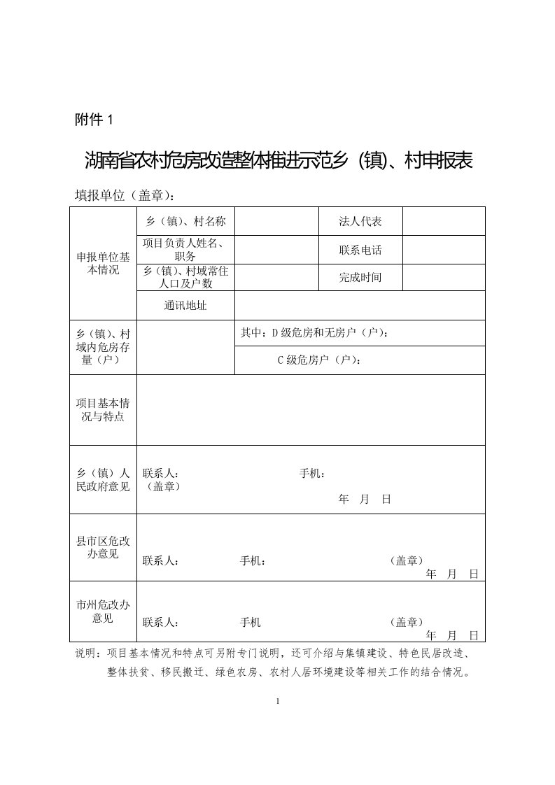 湖南省农村危房改造整体推进示范乡镇、村申报表