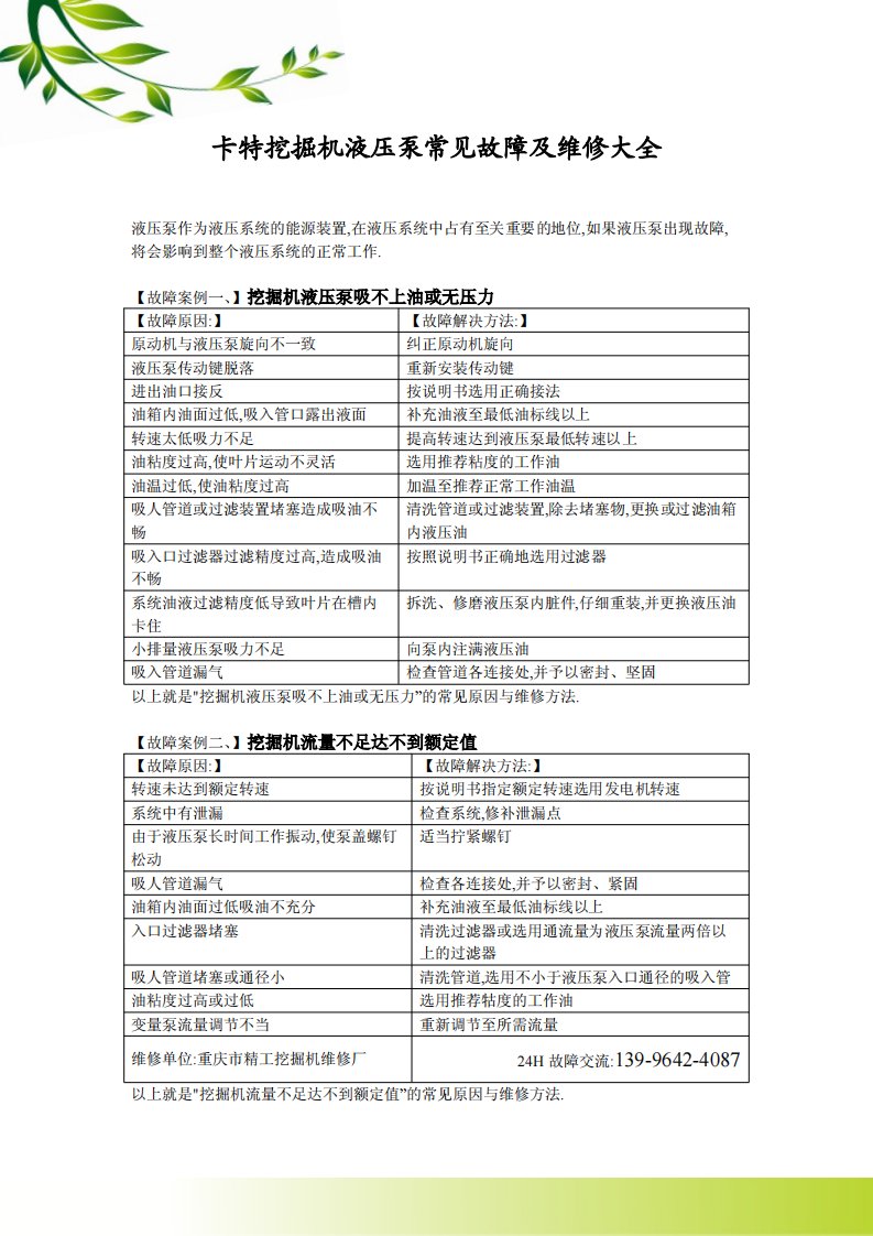 卡特挖掘机液压泵常见故障及维修大全