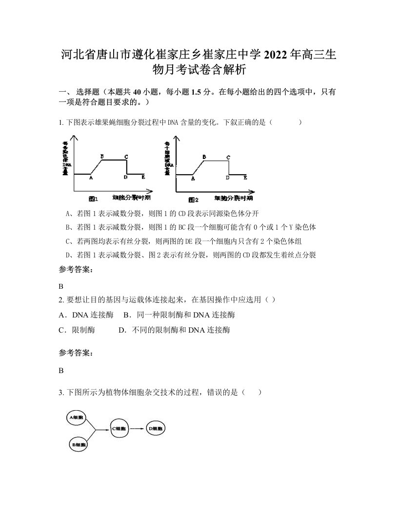 河北省唐山市遵化崔家庄乡崔家庄中学2022年高三生物月考试卷含解析