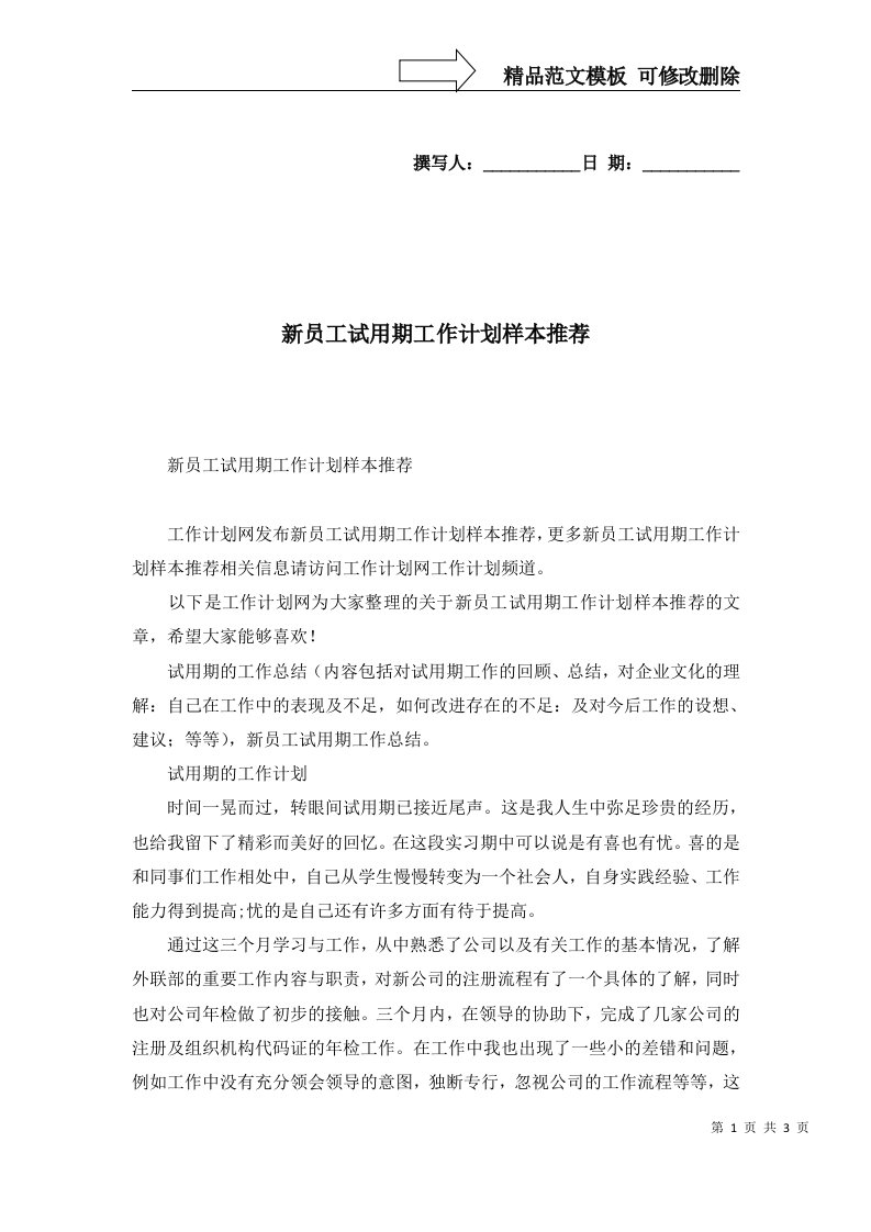 2022年新员工试用期工作计划样本推荐