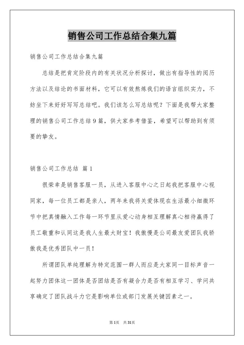 销售公司工作总结合集九篇例文