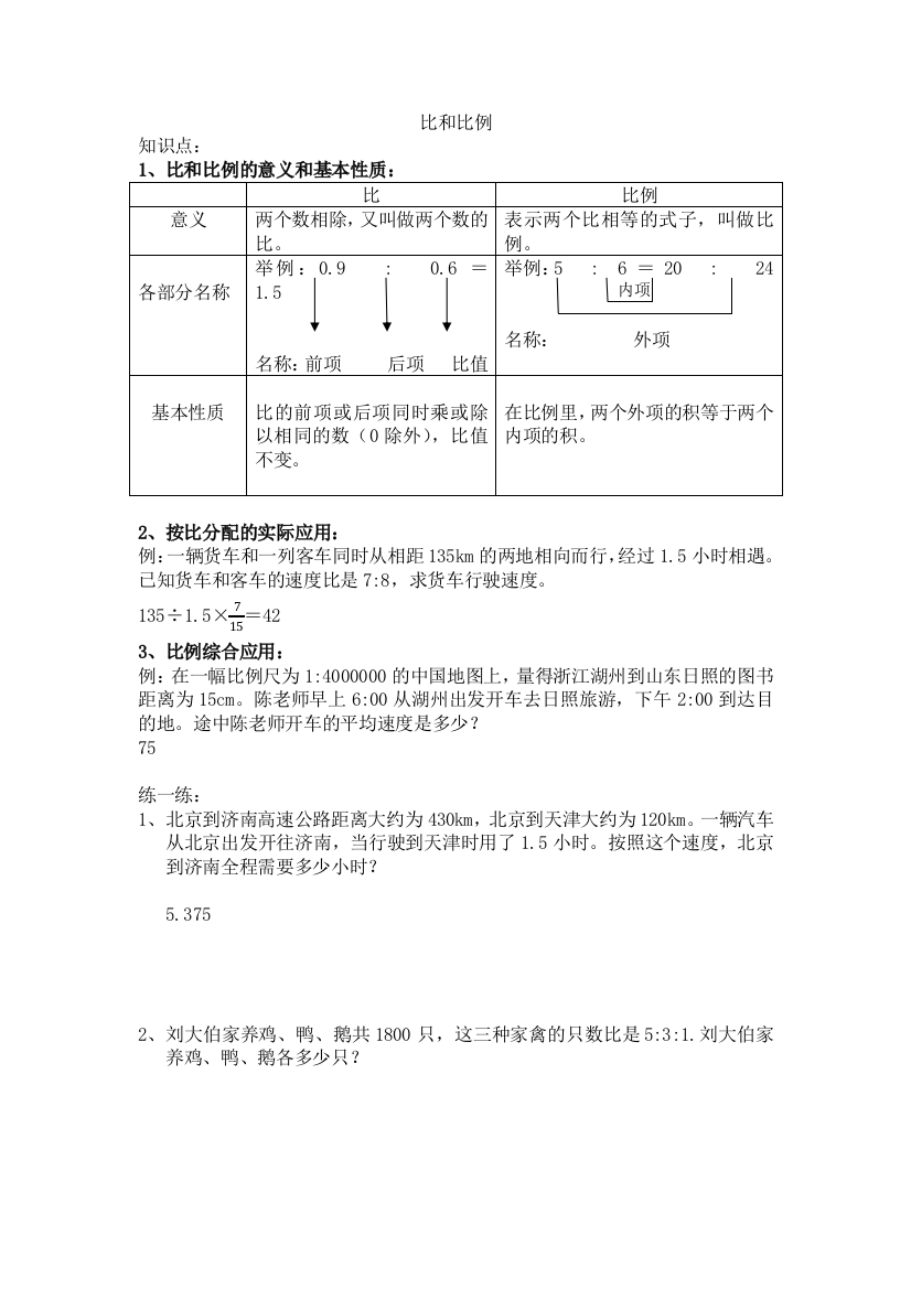 (word完整版)六年级比和比例复习知识点及典型例题-推荐文档