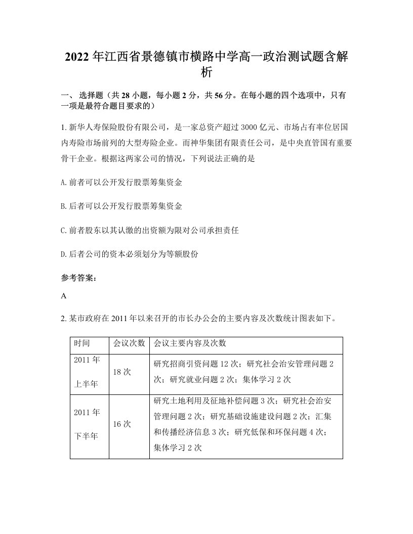 2022年江西省景德镇市横路中学高一政治测试题含解析