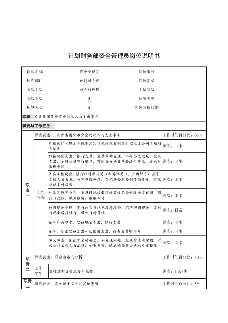 计划财务部资金管理员岗位说明书