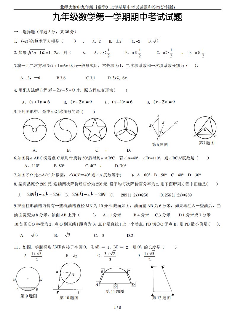 北师大附中九年级《数学》上学期期中考试试题和答案(沪科版)