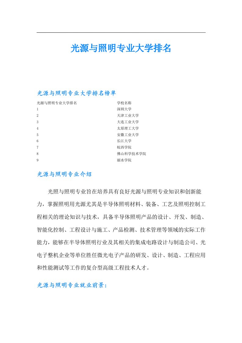 光源与照明专业大学排名