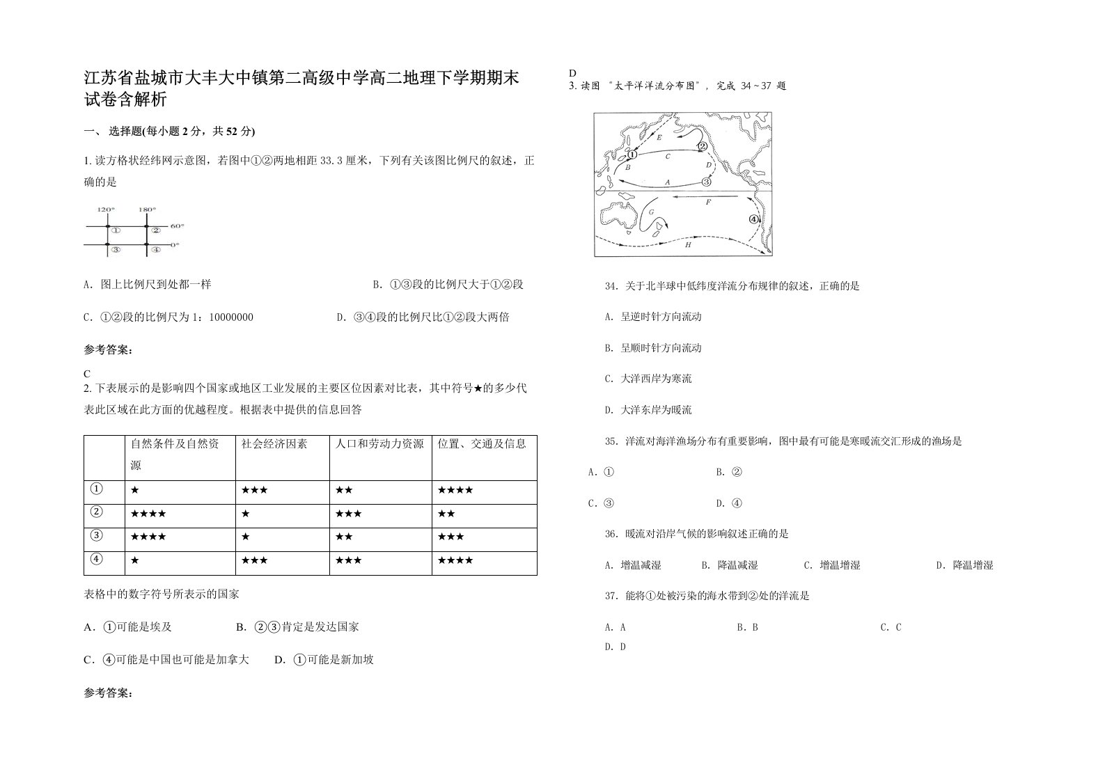 江苏省盐城市大丰大中镇第二高级中学高二地理下学期期末试卷含解析