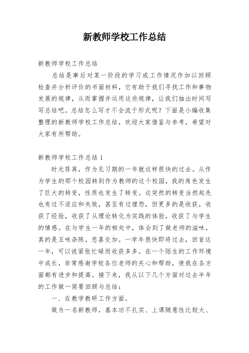 新教师学校工作总结