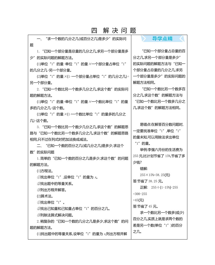 北京课改版六年级数学上册《第四单元解决问题》知识清单、单元知识点总结