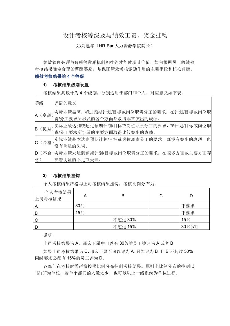 设计考核等级及与绩效工资、奖金挂钩