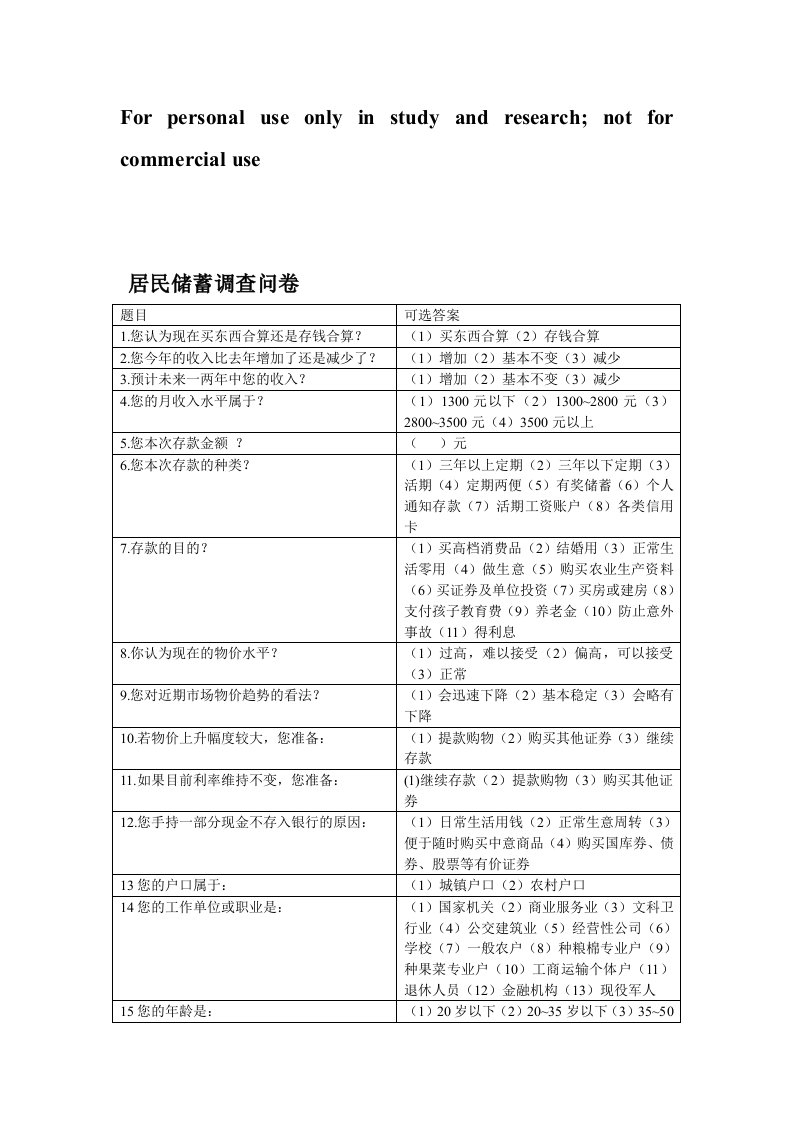 居民储蓄调查问卷