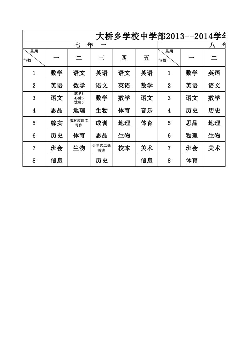 大桥中学部课程表