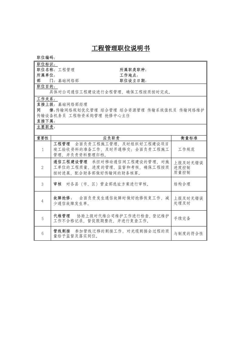 基础网络部工程管理岗位描述