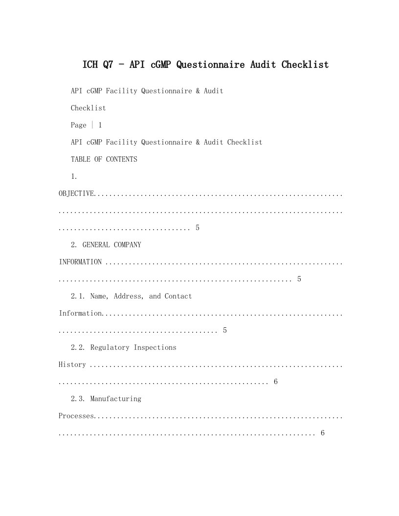 ICH+Q7+-+API+cGMP+Questionnaire+++Audit+Checklist