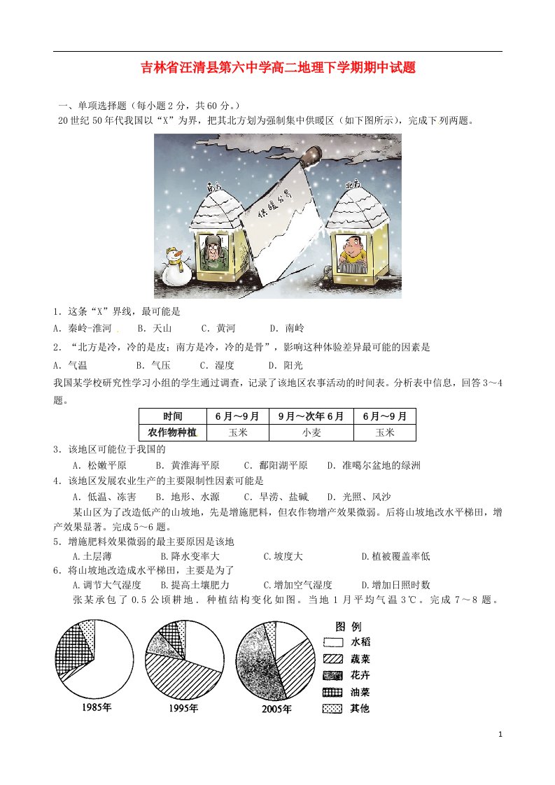 吉林省汪清县第六中学高二地理下学期期中试题