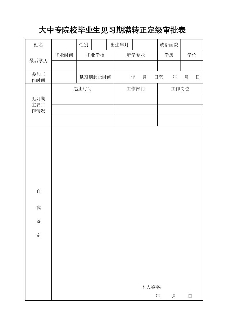 大中专院校毕业生见习期满转正定级审批表