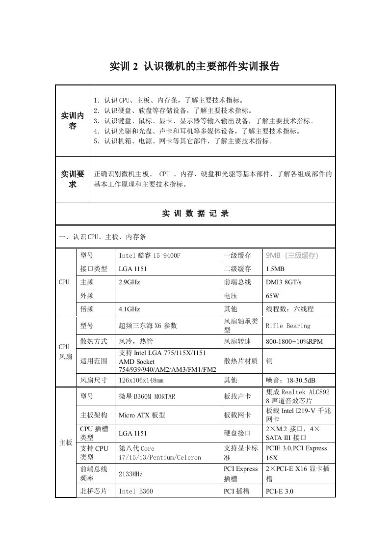 认识微机的主要部件及实训报告