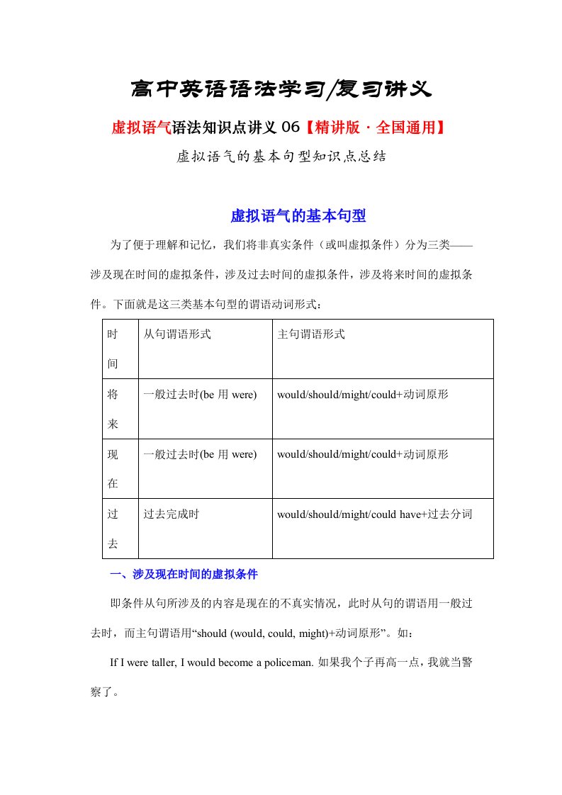 2022届高三英语二轮专题语法学习复习虚拟语气语法讲义06虚拟语气的基本句型知识点总结