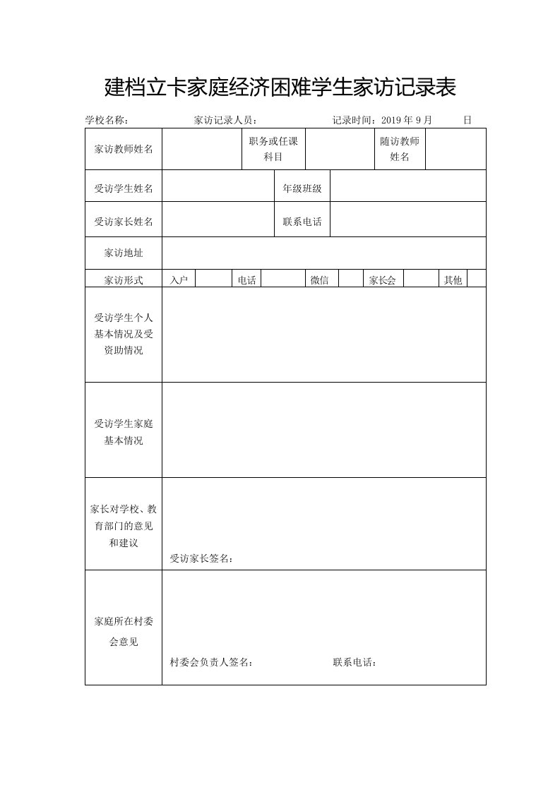 建档立卡家庭经济困难学生家访记录表