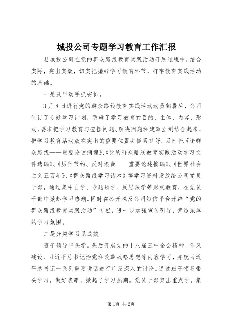 城投公司专题学习教育工作汇报