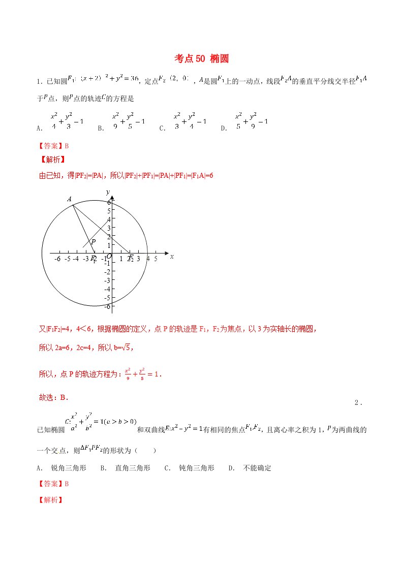 2021年高考数学考点50椭圆必刷题理含解析