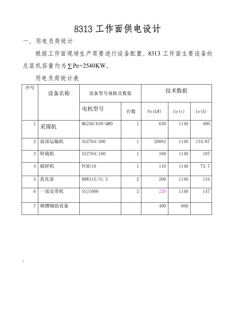 最新采煤工作面供电设计