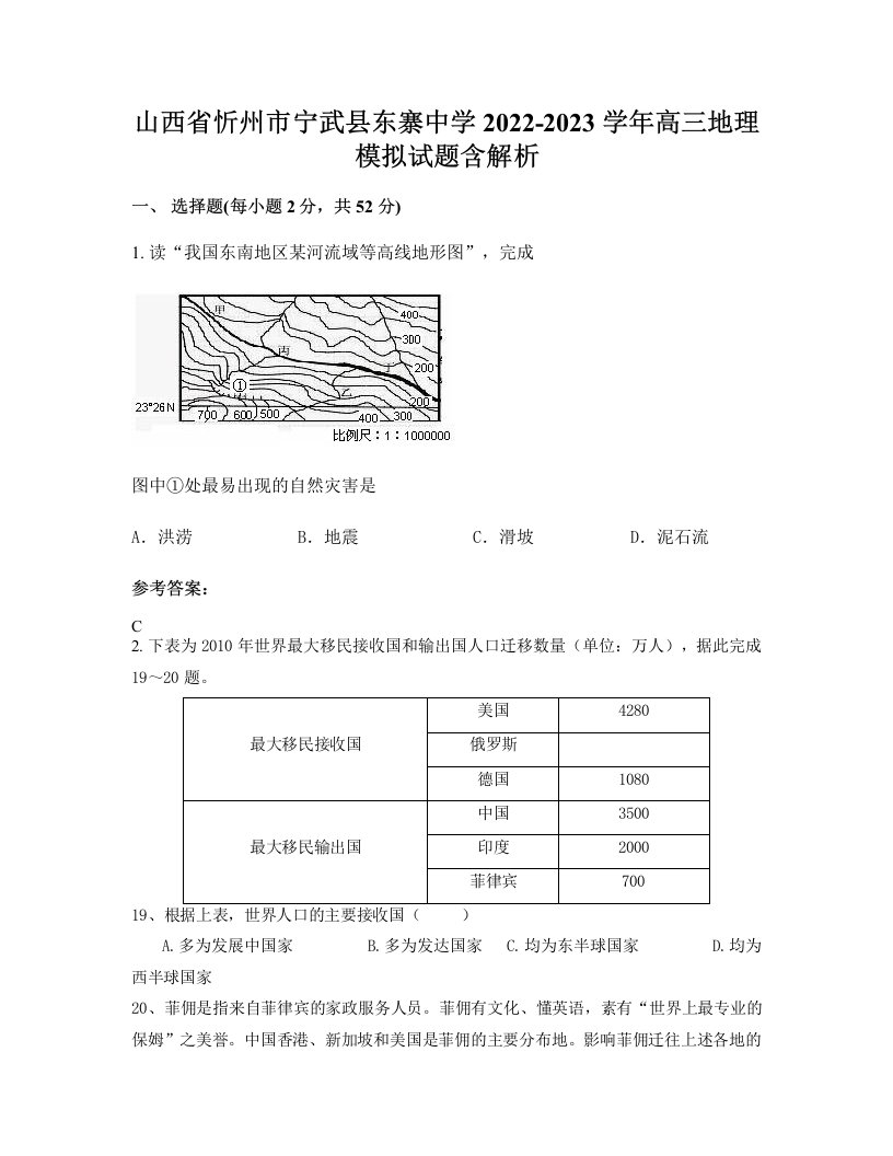 山西省忻州市宁武县东寨中学2022-2023学年高三地理模拟试题含解析