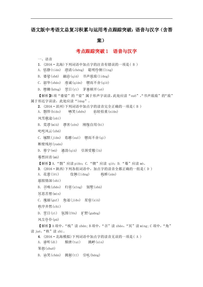 语文版中考语文总复习积累与运用考点跟踪突破语音与汉字含答案