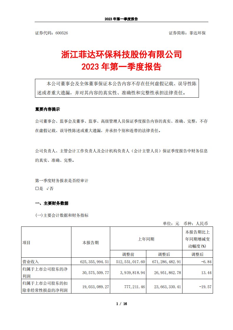 上交所-浙江菲达环保科技股份有限公司2023年第一季度报告-20230428