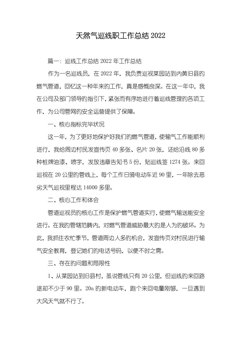 天然气巡线职员作总结2022