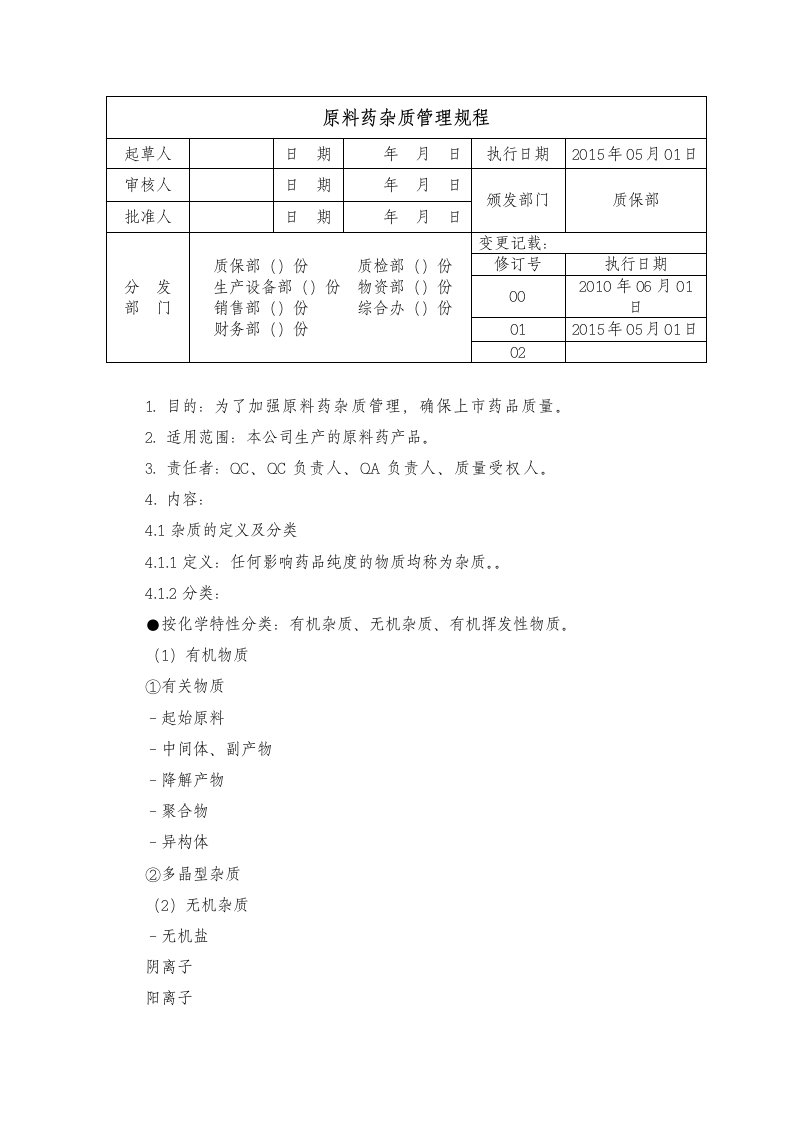 原料药杂质管理规程