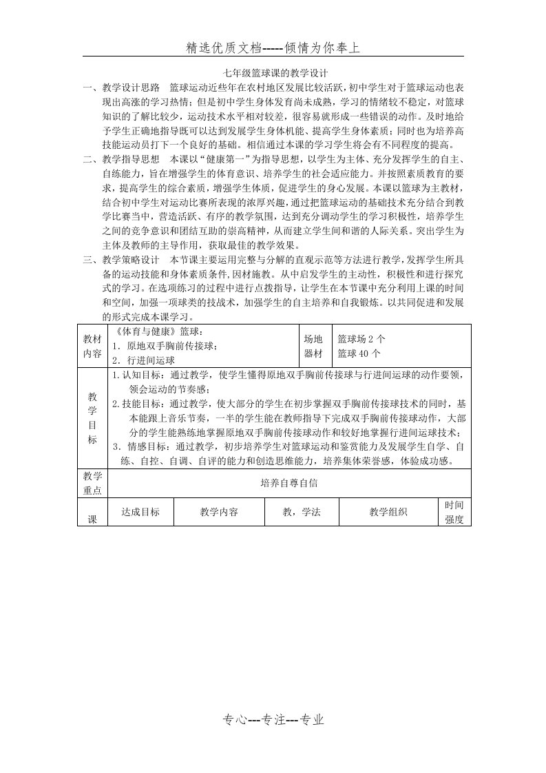 初中七年级篮球课的教学设计(共5页)