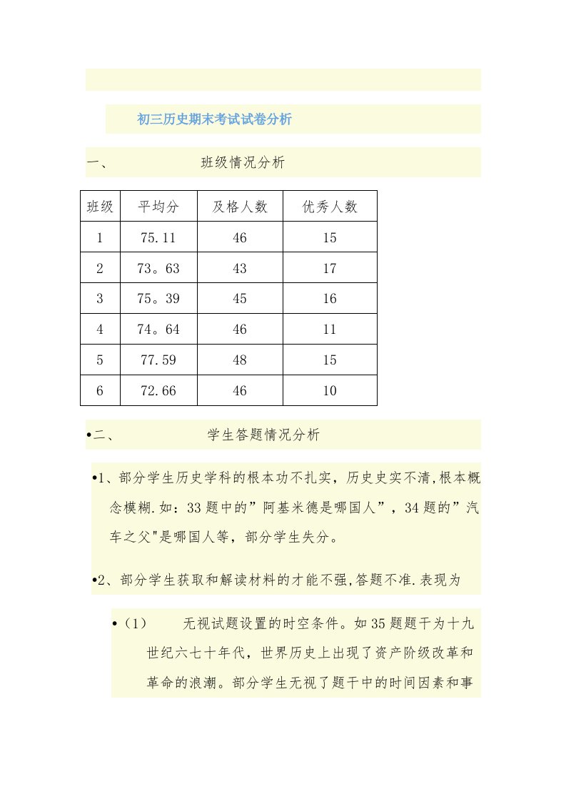 初三历史期末考试试卷分析