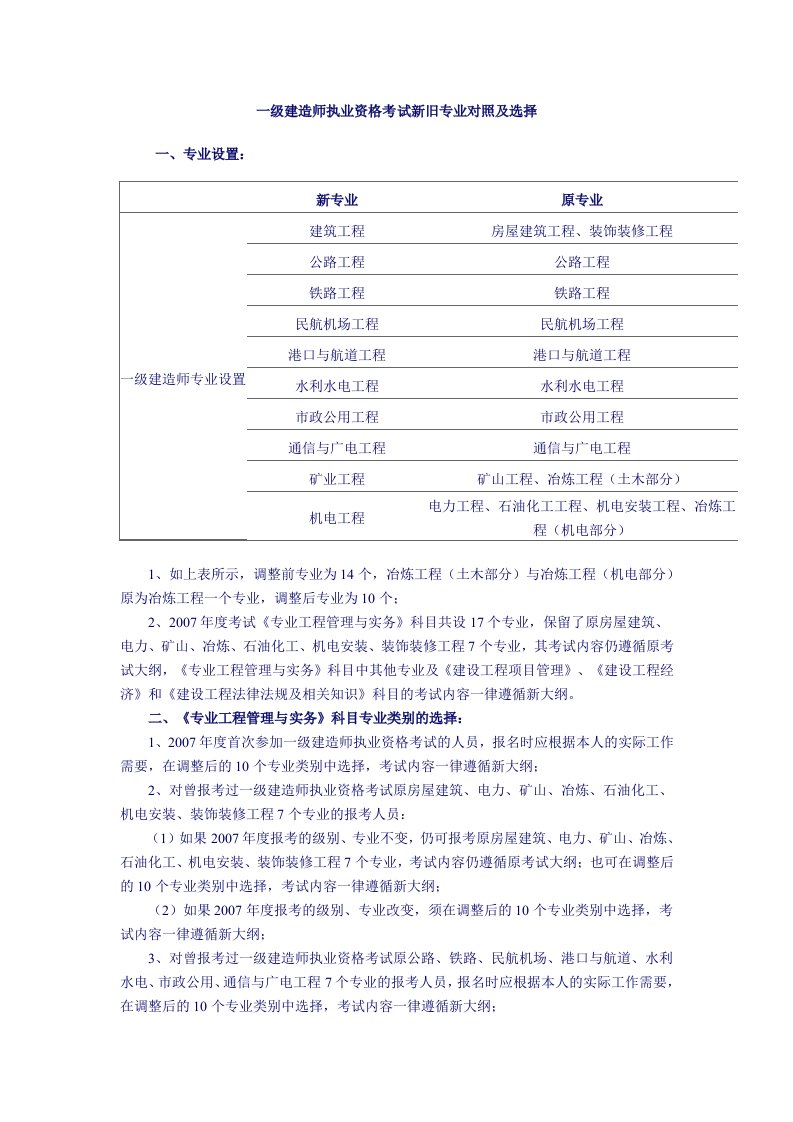 一级建造师专业分类