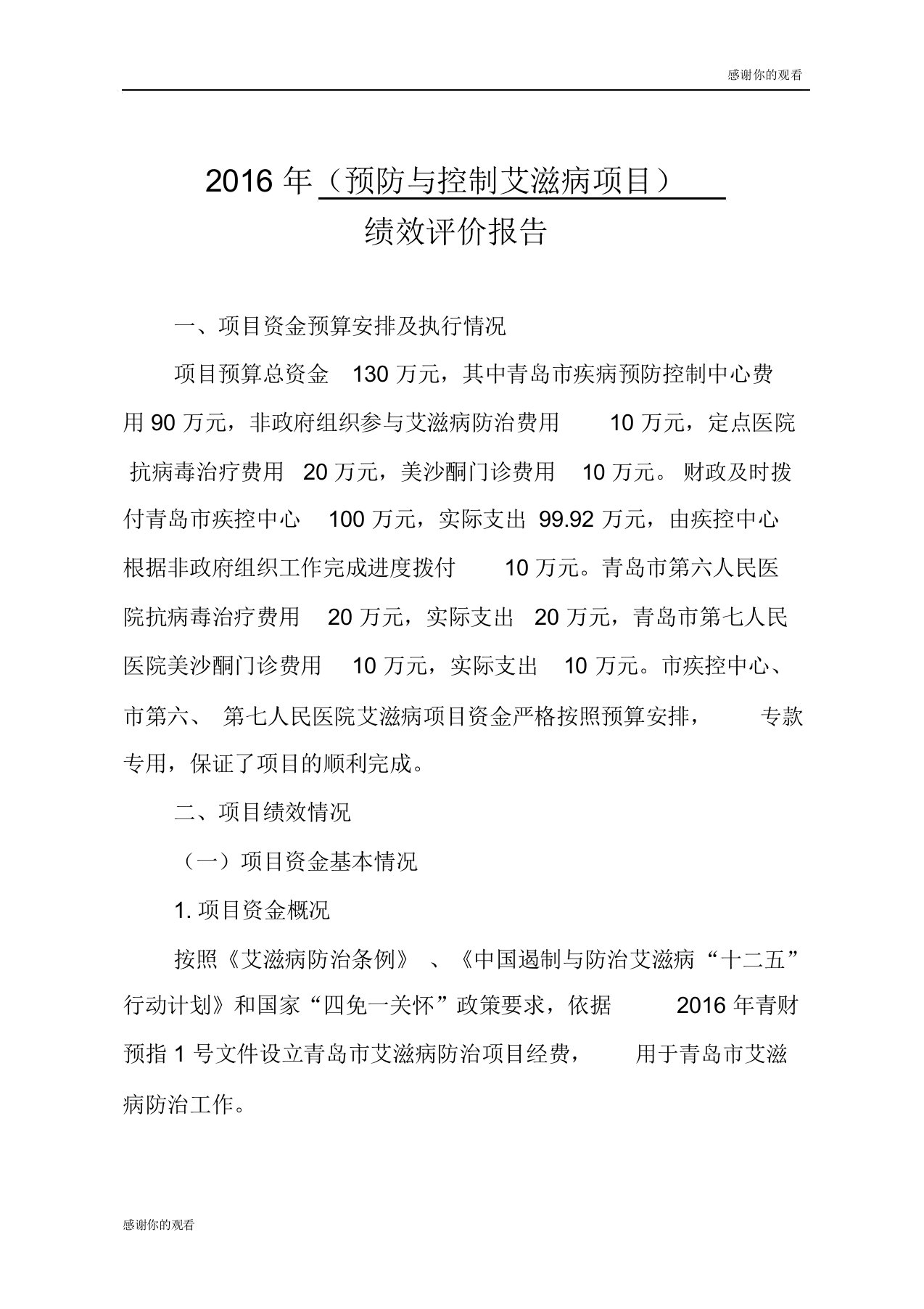 预防与控制艾滋病项目绩效评价报告